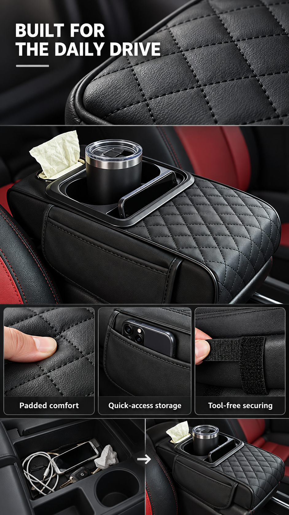 Quilted material, side pocket and securing strap details