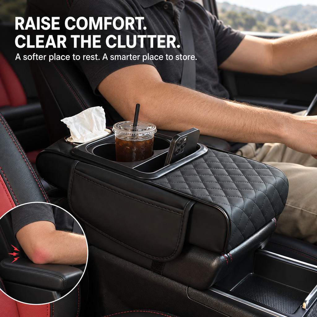 CabinKraft 5-in-1 Car Armrest Organizer Pad — Quilted Console Cushion with Dual Cup Holders, Phone Slot, Tissue Holder & Side Pocket