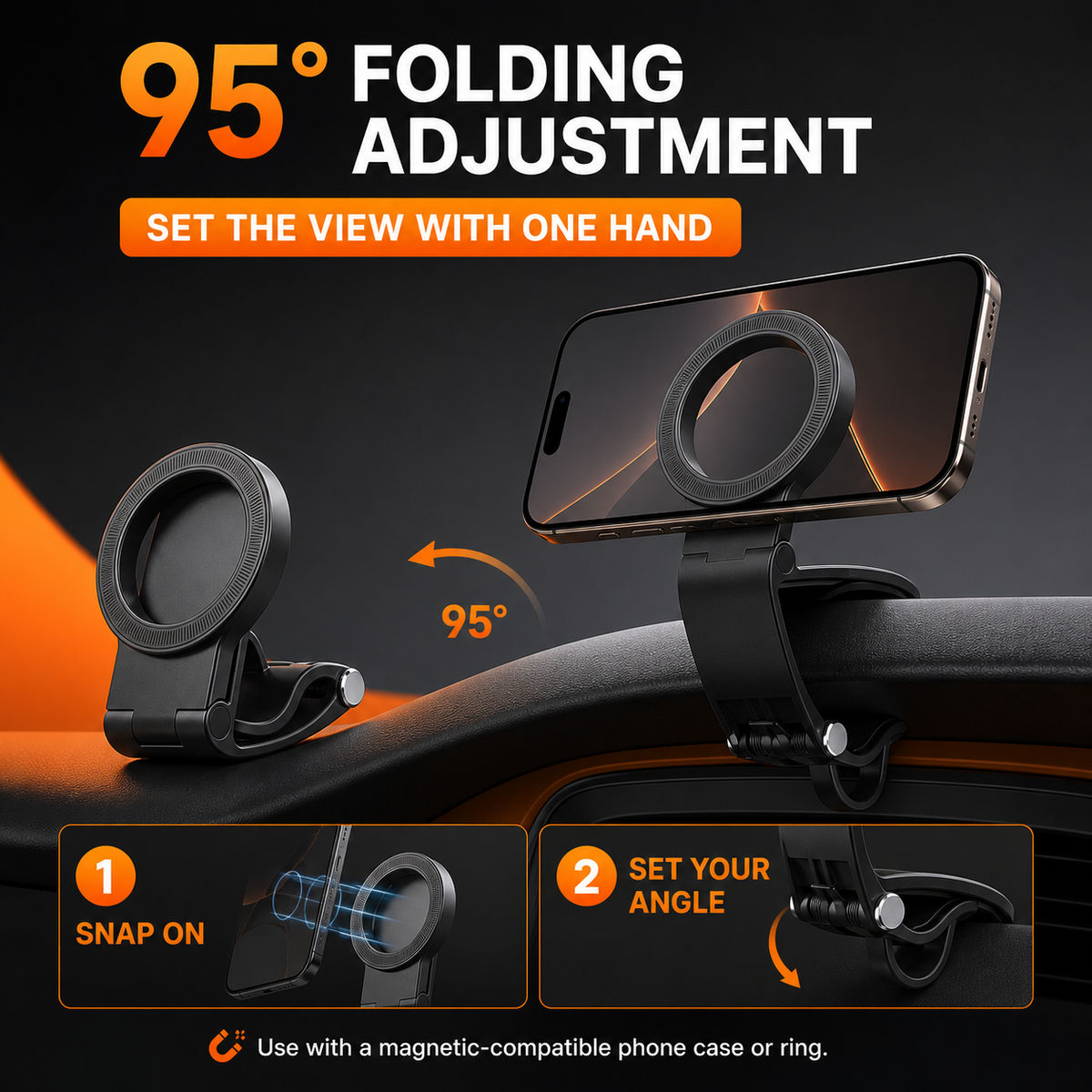 🔥 HOT SALE 🔥  95° Foldable Magnetic Dashboard Phone Holder