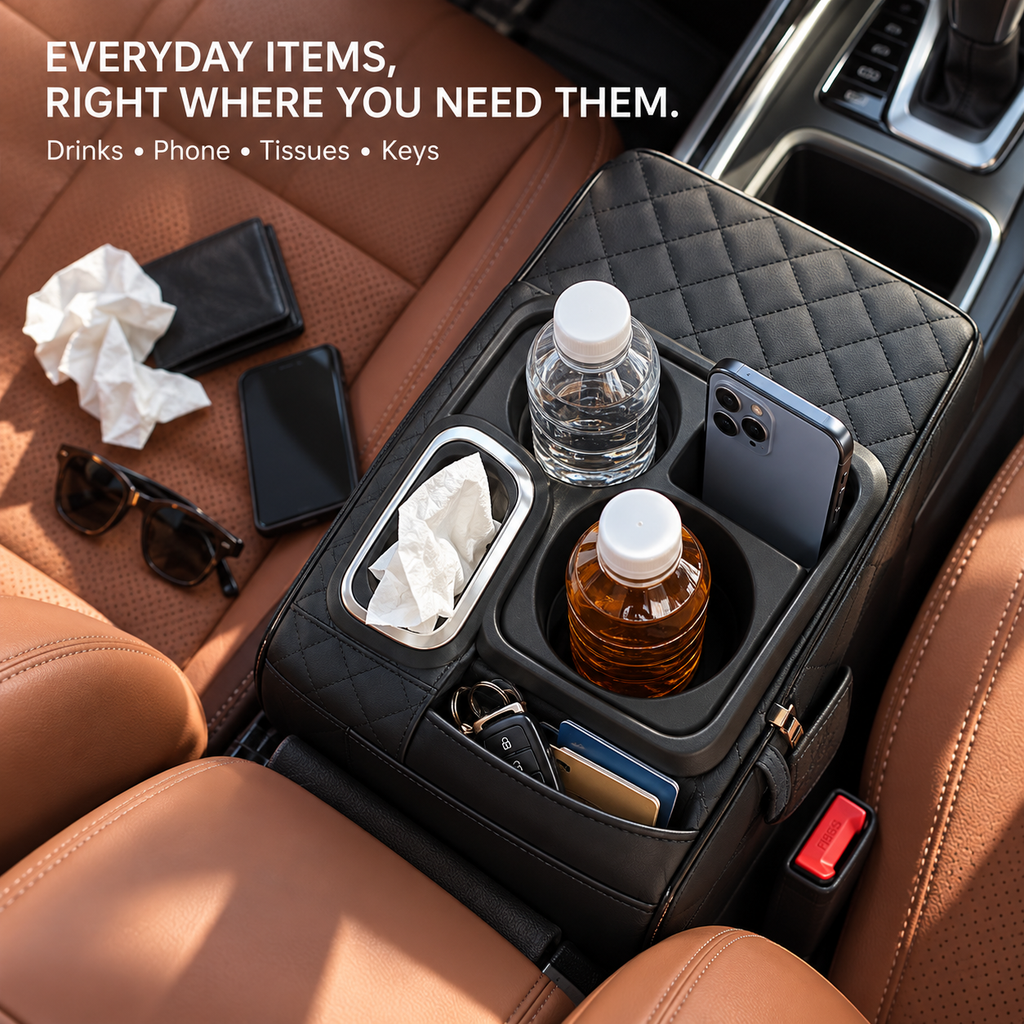CabinKraft 5-in-1 Car Armrest Organizer Pad — Quilted Console Cushion with Dual Cup Holders, Phone Slot, Tissue Holder & Side Pocket