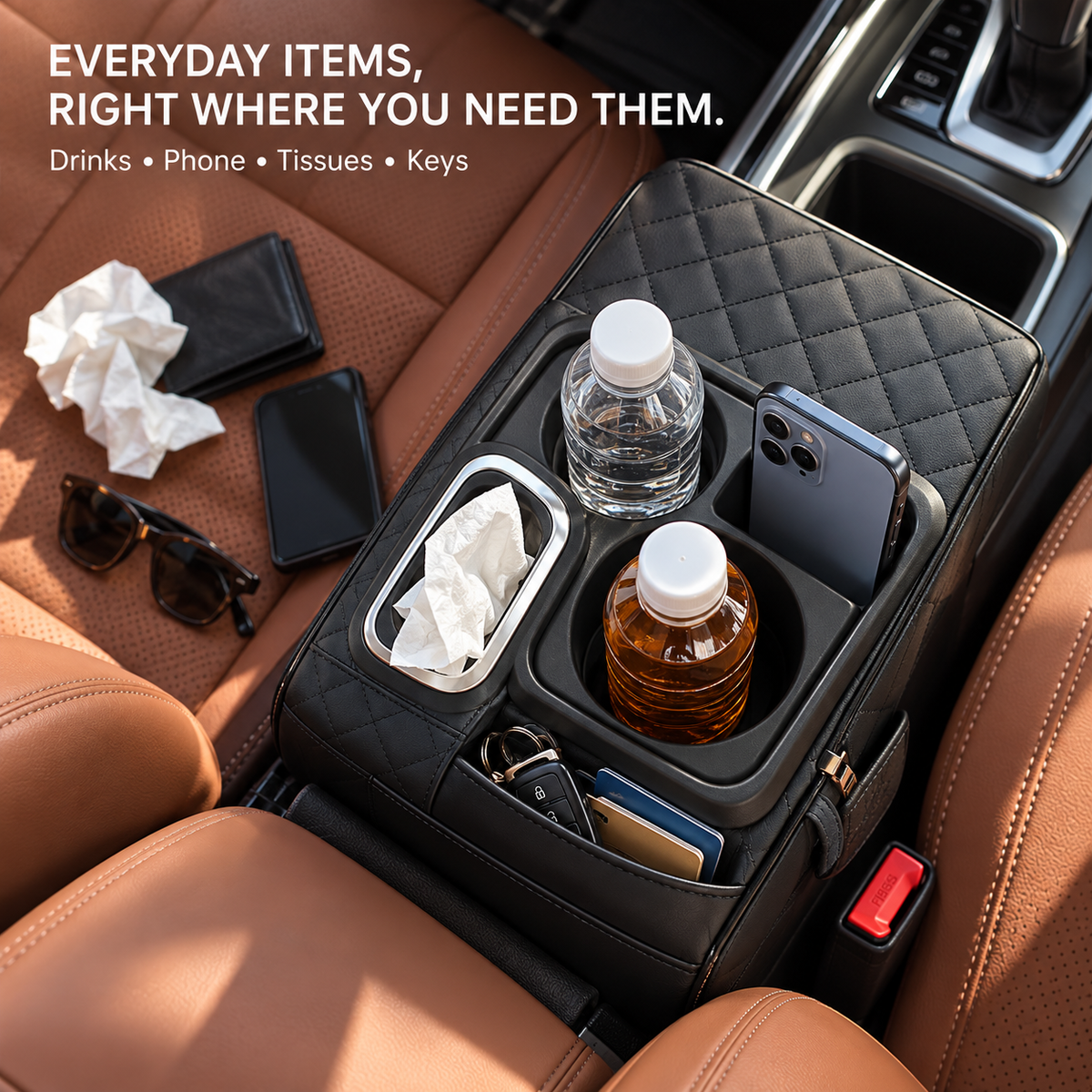 CabinKraft 5-in-1 Car Armrest Organizer Pad — Quilted Console Cushion with Dual Cup Holders, Phone Slot, Tissue Holder & Side Pocket