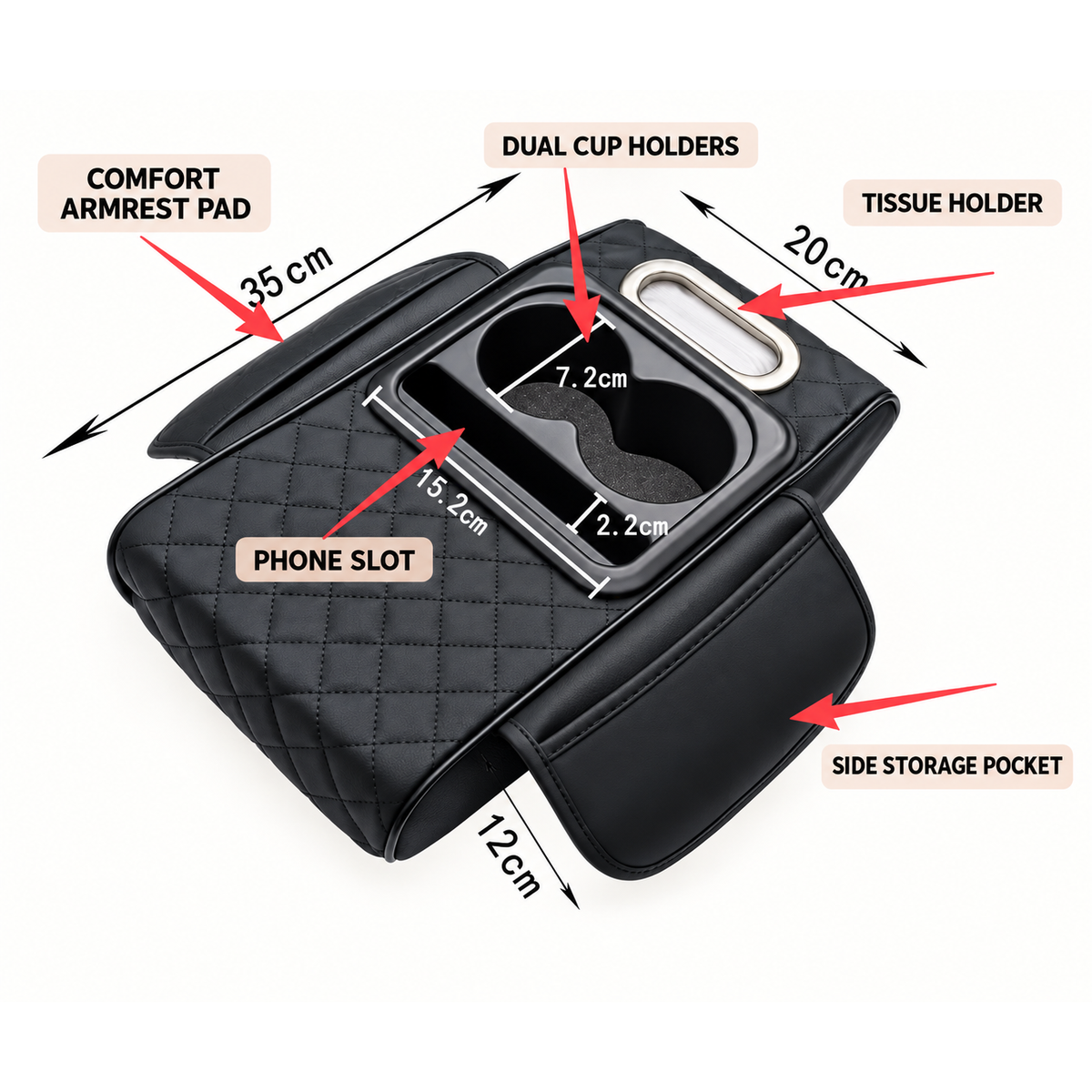 CabinKraft 5-in-1 Car Armrest Organizer Pad — Quilted Console Cushion with Dual Cup Holders, Phone Slot, Tissue Holder & Side Pocket