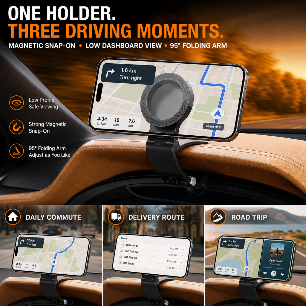 🔥 HOT SALE 🔥  95° Foldable Magnetic Dashboard Phone Holder