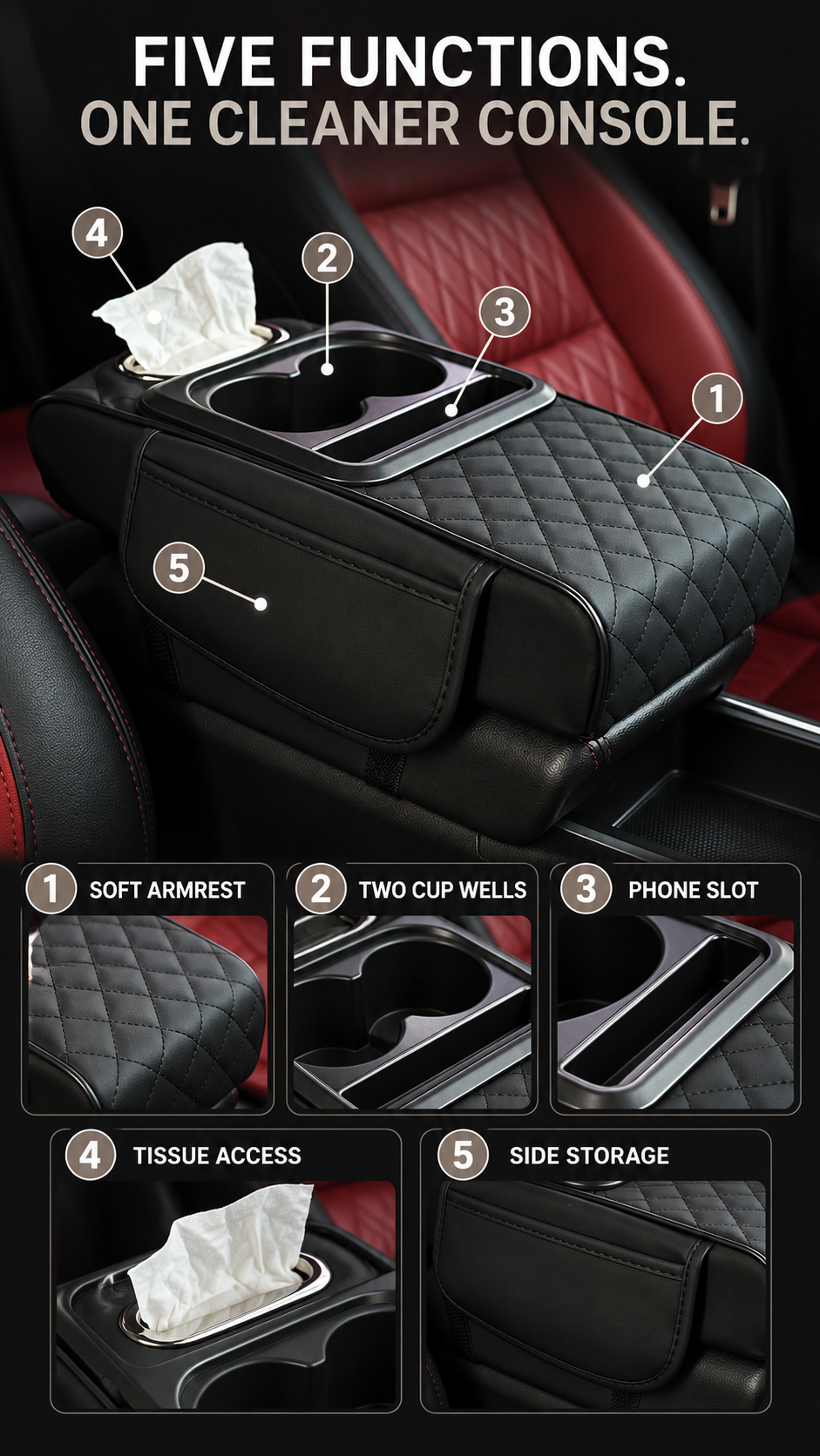 CabinKraft 5-in-1 Car Armrest Organizer Pad — Quilted Console Cushion with Dual Cup Holders, Phone Slot, Tissue Holder & Side Pocket