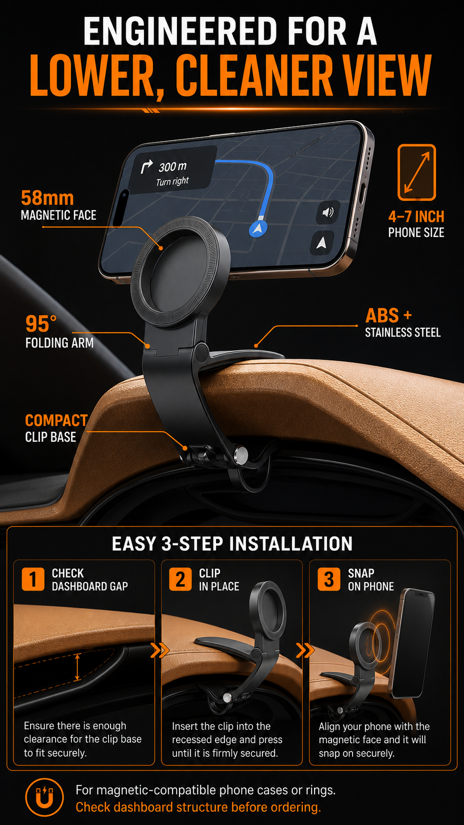 🔥 HOT SALE 🔥  95° Foldable Magnetic Dashboard Phone Holder