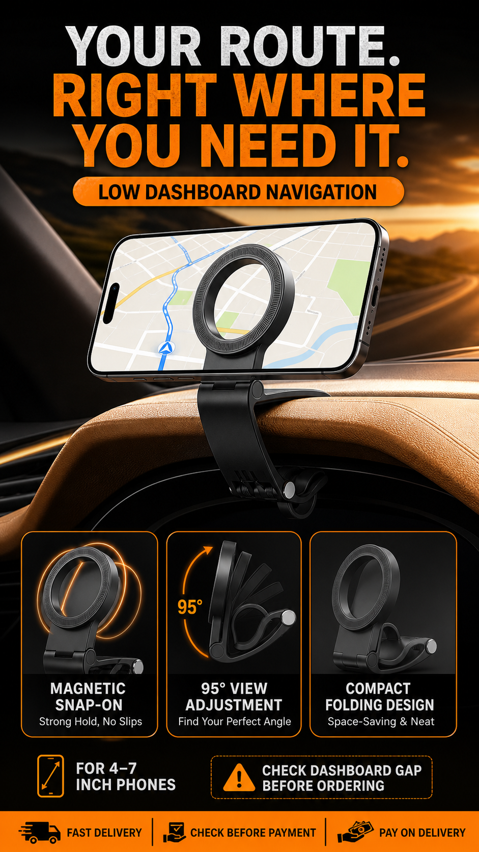 🔥 HOT SALE 🔥  95° Foldable Magnetic Dashboard Phone Holder