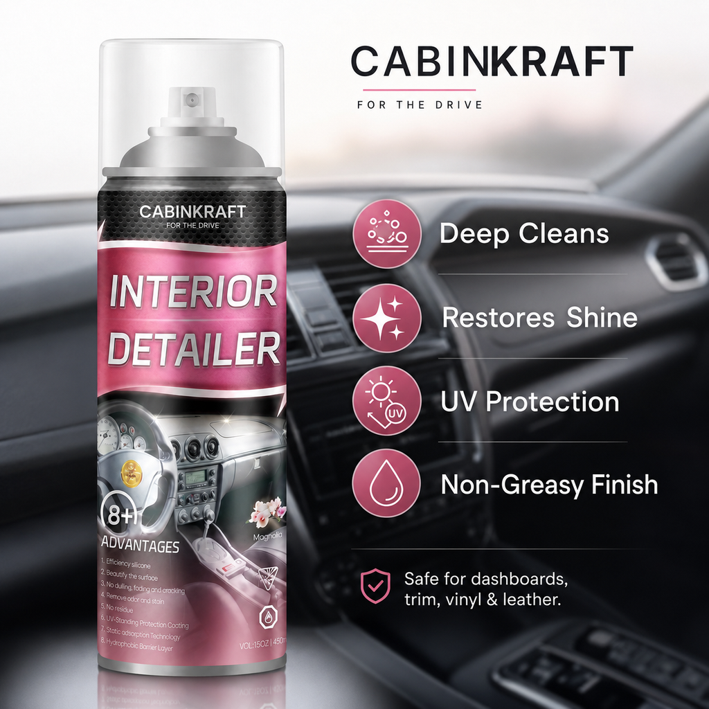 Spraying interior detailer on dusty car dashboard