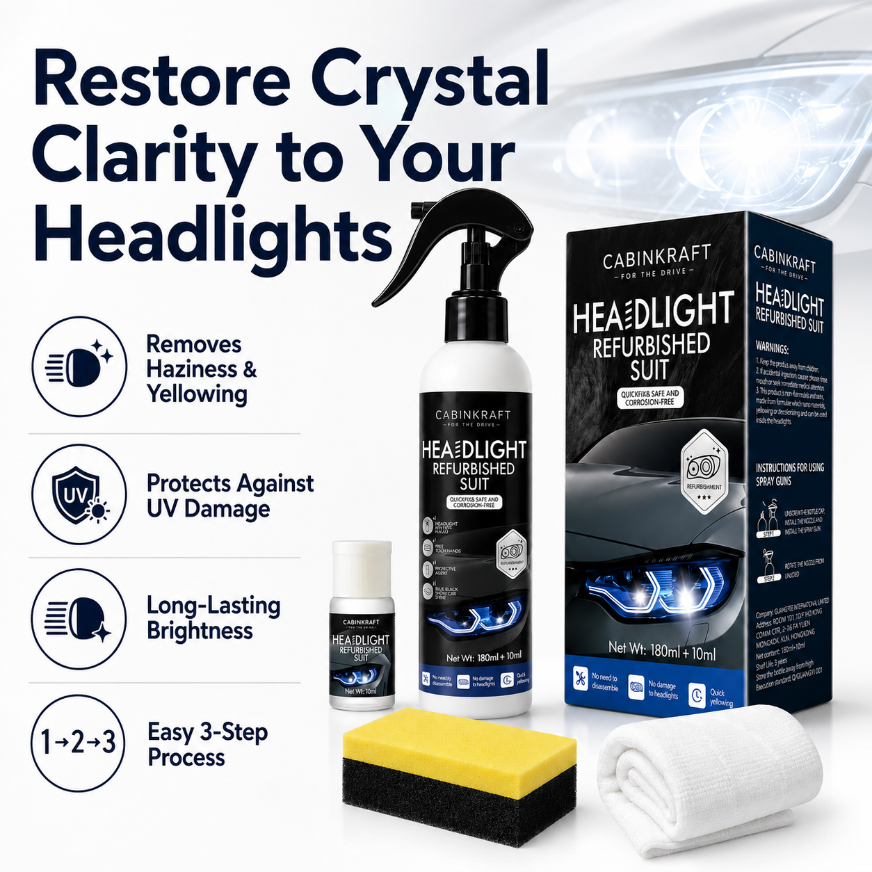 CabinKraft headlamp restoration fluid bottle — 1-step formula