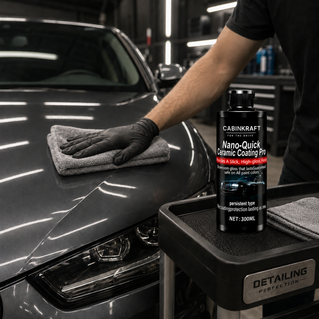 Water beading on ceramic-coated car paint — hydrophobic effect