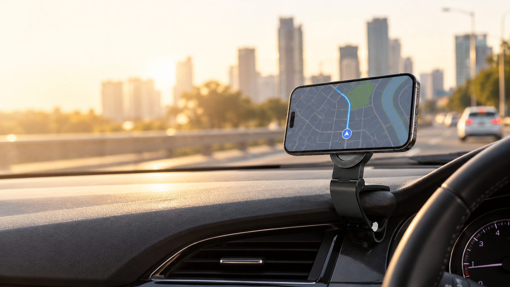 Mechanical low-dashboard phone holder in a car